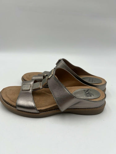 Sofft Pewter Metallic T-Strap Slide Sandals Square Studs Comfort Size 7
