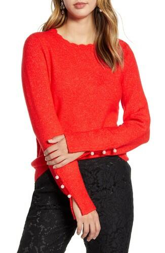 Women's Rachel Parcell Scalloped Crewneck Sweater, Size XX-Small - Red Rachel Parcell
