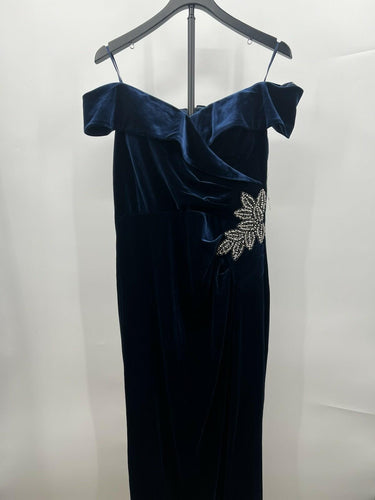 Alex Evenings Velvet Off Shoulder Beaded Gown Formal Navy Blue Maxi SIZE 12 Alex Evenings