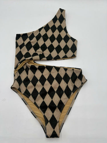 Beach Riot One Piece Swimsuit One Shoulder Argyle Glitter Cutout Size M Beach Riot