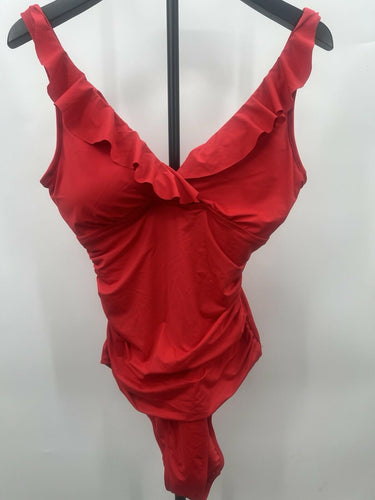 Lauren Ralph Lauren One Piece Swimsuit Red Ruffle V Neck Ruched Wrap 10 Ralph Lauren