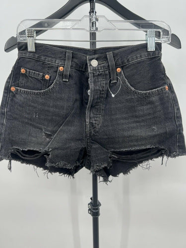 Levi's 501 Shorts High Rise Faded Black Denim Distressed Cutoff Frayed Size 25 Levi's