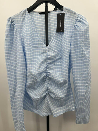 Vero Moda Top V-Neck Ruched Puff Sleeve Gingham Placid Blue White NWT - XL VERO MODA