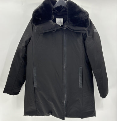 NWT Sam Edelman Women’s Asymmetrical Stretch Faux Fur Parka, Black Size L Sam Edelman
