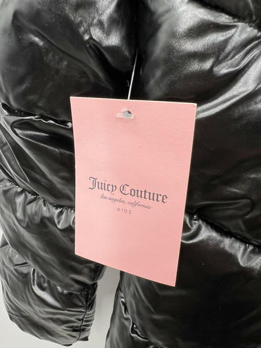 Juicy Couture Girls Puffer Jacket Black Faux Fur Hood Shiny Coat S 7/8 Juicy Couture