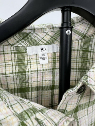 BP Green Plaid Crop Flannel Shirt Raw Hem Button Up Plus Size 2X BP
