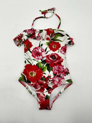 Milly Minis girls' floral swimsuit ruffled neckline and a vibrant red Size 4 MILLY