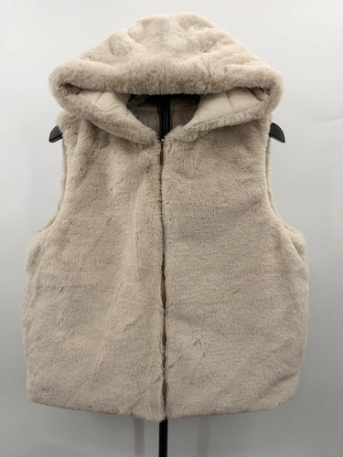 Joie Beige Reversible Puffer Vest Faux Fur Hooded Quilted Gold Zip Pocket M