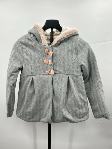 Tahari Girls hooded pea Grey coat Faux Fur Lining Pink Bows Size 8 Tahari