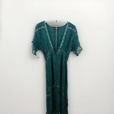 NWD Shyanne Teal Maxi Dress Lace Trim Button Front V Neck Western Boho Size M Shyanne