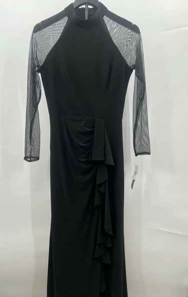NWT Betsy & Adam Black Mock Neck Mesh Sleeve Ruffle Cascade Gown Size 2 Betsy & Adam