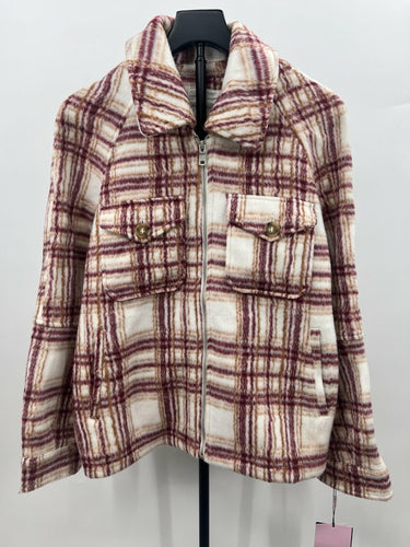 Avec Les Filles Plaid Shacket Jacket Zip Up Cream Burgundy Tan Fleece NWT - M Avec Les Filles