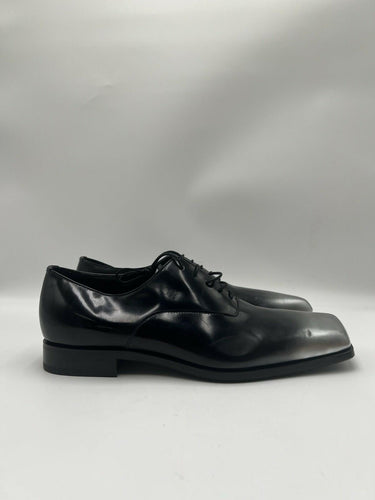 Prada Nuanced Brushed Leather Lace-Up Shoes in black and silver Size 8UK PRADA