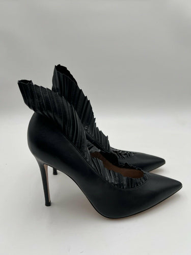 Gianvito Rossi Divine 105 ruffled tulle Black Leather Point Toe Heels Size 39.5 GIANVITO ROSSI