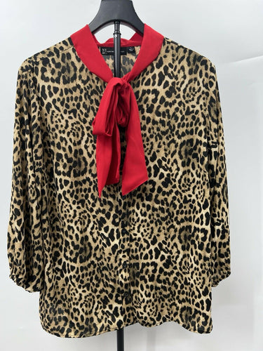 New York & Company Blouse Womens Leopard Print Red Bow Tie Neck Button Front L Leopard