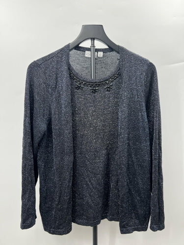 Kim Rogers Womens Cardigan Shell Top Beaded Neck Metallic Gray L Kim Rogers