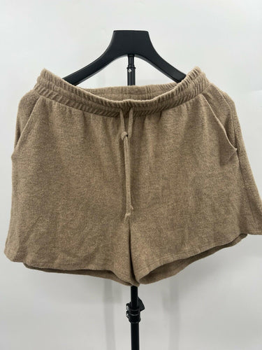 Socialite Cozy Shorts Camel Tan Fuzzy Drawstring Pockets Lounge L SOCIALITE