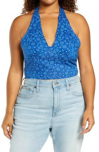 BP. Print V-Neck Halter Top in Blue Frosty Foulard Size 1X BP.