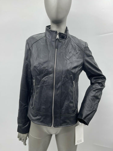 NWT Women’s DKNY Full Zip Long Sleeve Faux Leather Motto Back Jacket Size S DKNY