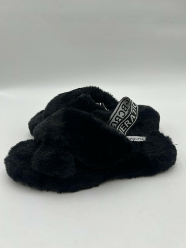BCBG Generation Black Faux Fur Cross Slides Size 7