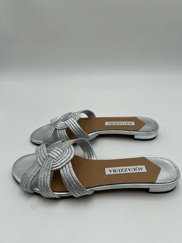 Aquazzura Felix sandals in silver metallic interwoven strap fabric Size 36