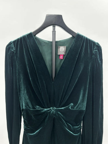 Vince Camuto Women Dress Size 6 Green Twist Front Long Sleeve Velvet Fit Flare Vince Camuto