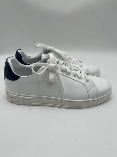 Versace Men's Embossed White & Blue Leather Low Top Sneakers Shoes Size 43 Versace