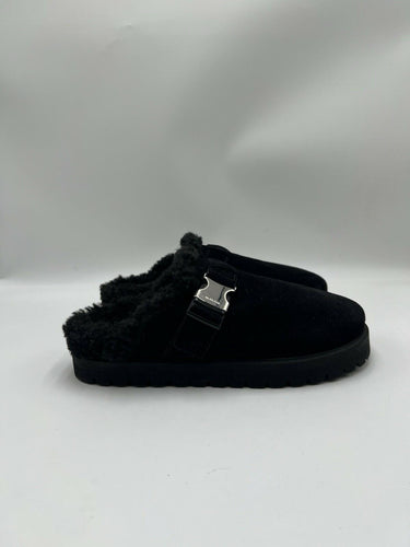 Women’s Moncler Mon shearling-lined Black suede mules buckled strap Size 37 Moncler