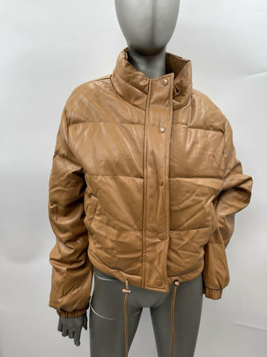 NWT Women’s Love Tree Full Zip Faux Leather Puffer Brown Jacket Size M Love Tree
