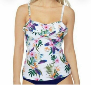 Island Escape Women's White Tahiti Tropical-Print Ruffled Tankini Top Size 14 Island Escape