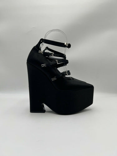 Versace Women’s Tempest Platform Pumps Black Satin Leather Trim Size 35.5 Versace
