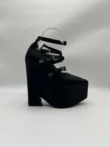Versace Women’s Tempest Platform Pumps Black Satin Leather Trim Size 35.5 Versace