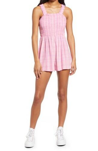 BP. Smocked Bodice Romper in Pink Geodot Plaid Size Small BP.