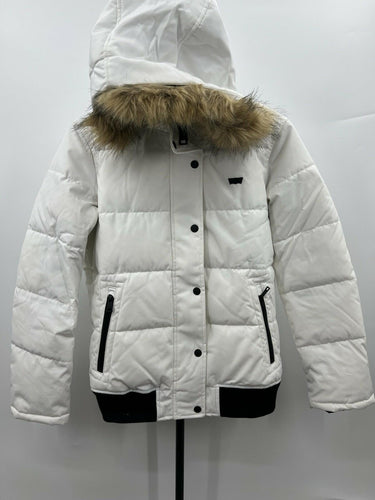 Levi's Jacket Womens White Puffer Bomber Faux Fur Hood Zip Pockets Quilted XS Levi's