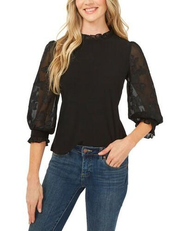 CeCe Ruffle-Sleeve Mixed Media Top Size L Cece