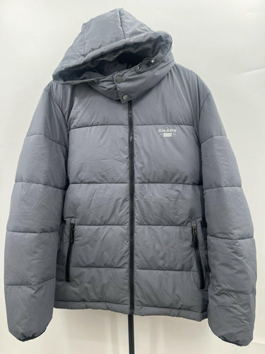 Chaps Puffer Jacket Mens Gray Hooded Water Resistant Freedom Stretch Winter L Chaps