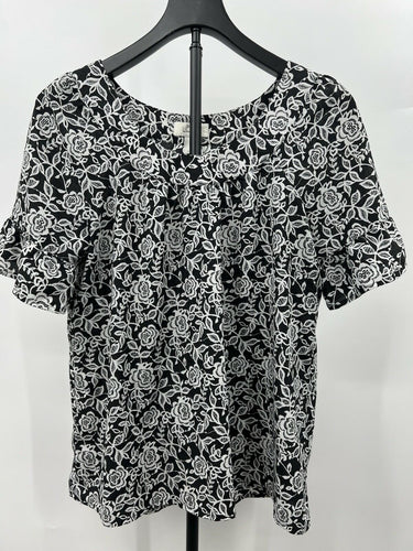 LOFT Blouse Womens Black White Floral Ruffle Sleeve Top Boho Peasant Work M Loft