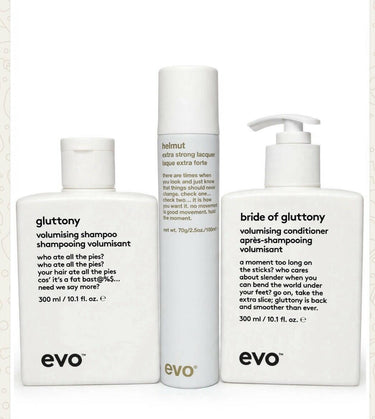 EVO Gluttony Volumising Shampoo 10.1oz + Bride Conditioner + Helmut Spray 3pc EVO