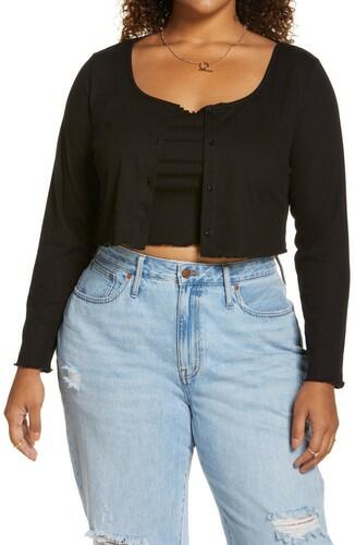 BP. Cropped Rib Cardigan & Camisole Set, Size 1X in Black at Nordstrom BP.