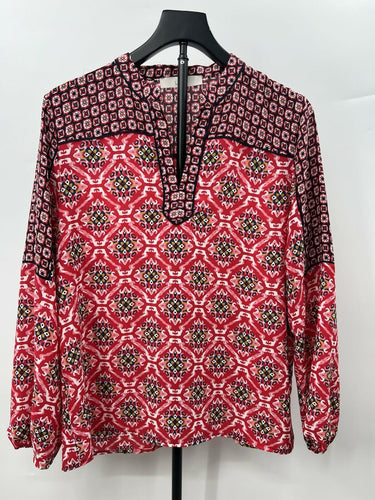 LOFT Blouse Womens Mixed Print Peasant Top Split Neck Red Navy Boho Tunic M Split