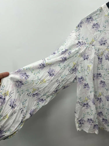 Scoop Blouse Womens Floral Boho Peasant Top Button Front Lavender Yellow L 12-14 Scoop