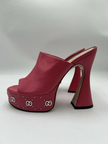 Gucci Janaya GG Monogram Studded Platform Mules in pink leather Size 39