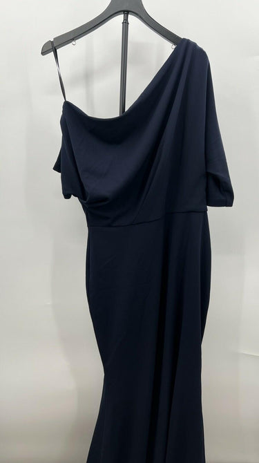 NWT Betsy & Adam Navy One Shoulder Cowl Neck Mermaid Evening Gown Size 14 Betsy & Adam