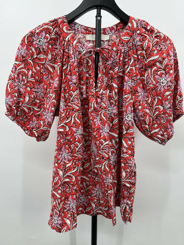 LOFT Blouse Womens Red Pink Floral Puff Sleeve Tie Neck Boho Top S Small Loft
