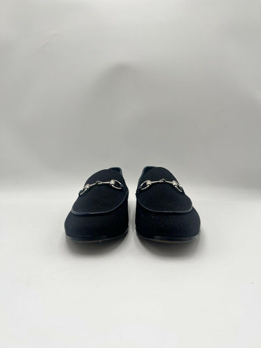 Gucci Jordaan horsebit loafers in black canvas with blue leather trim Size 7UK