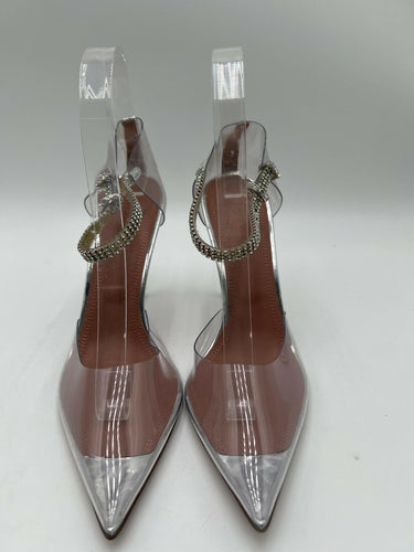 Amina Muaddi Ursina clear PVC crystal ankle strap pumps in silver Size 38