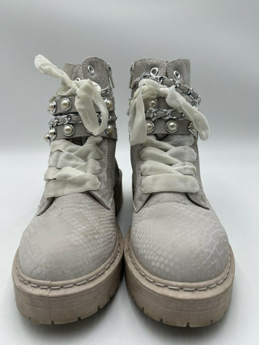 Sugar Kade Ivory Snake Emboss Pearl Chain Combat Boots Womens 7 Sugar