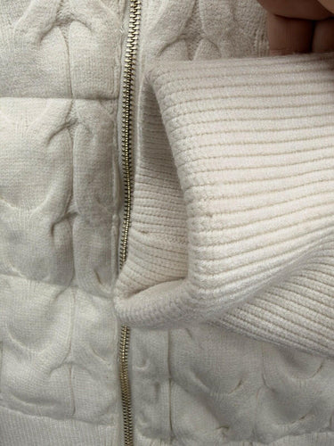 Joie Cable Knit Quilted Puffer Sweater Jacket Cream Ivory Full Zip Mock Neck L