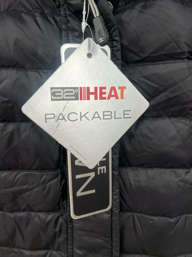 32 Degrees Heat Jacket Womens Black Packable Long Hooded Puffer Lightweight L 32 Degrees