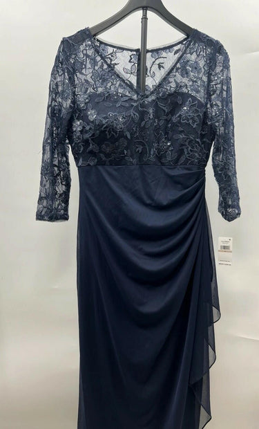 Alex Evenings Navy Lace Chiffon Draped Formal Long Gown Mother Bride 12 Alex Evenings